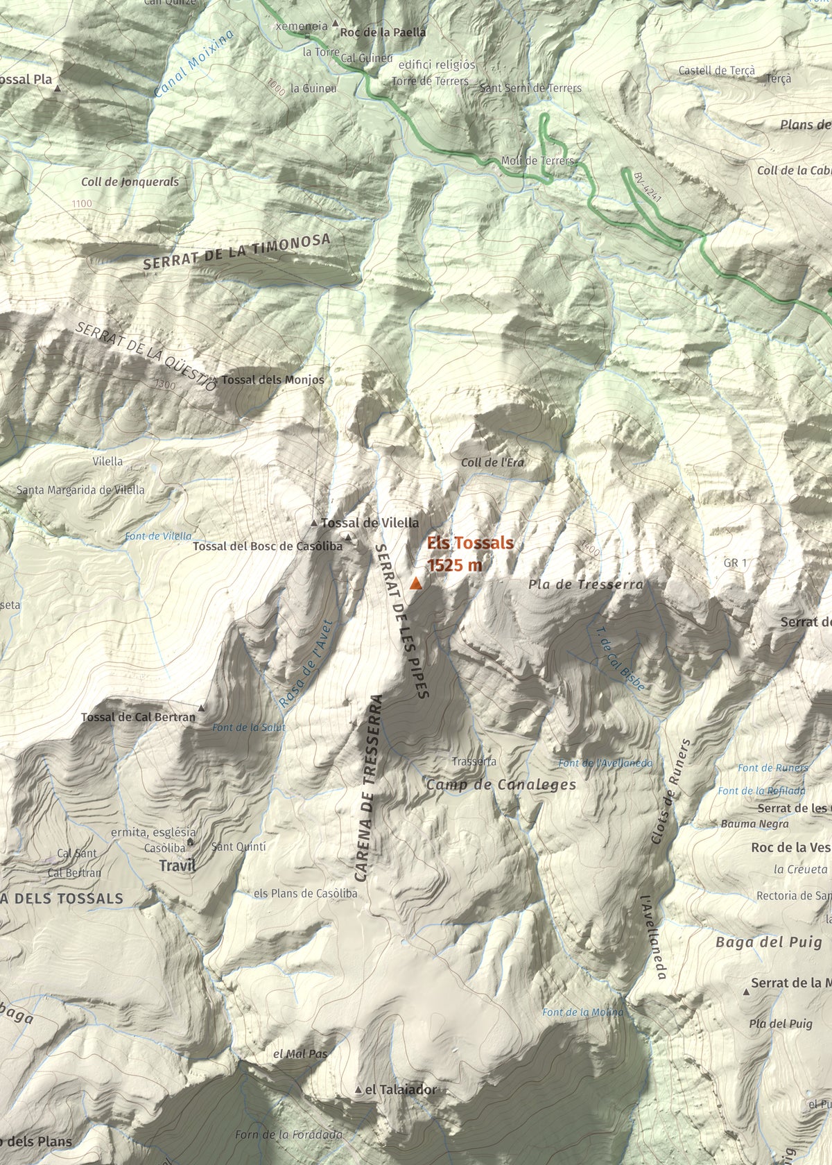 Mapa de relieve de Els Tossals, 1525 m, Berguedà, lámina 100 Cims de Trobart. Detalle de la zona central. 50 × 70 cm.