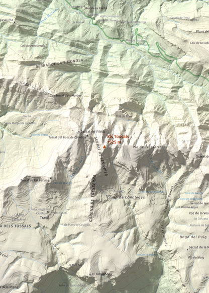 Mapa de relieve de Els Tossals, 1525 m, Berguedà, lámina 100 Cims de Trobart. Detalle de la zona central. 50 × 70 cm.