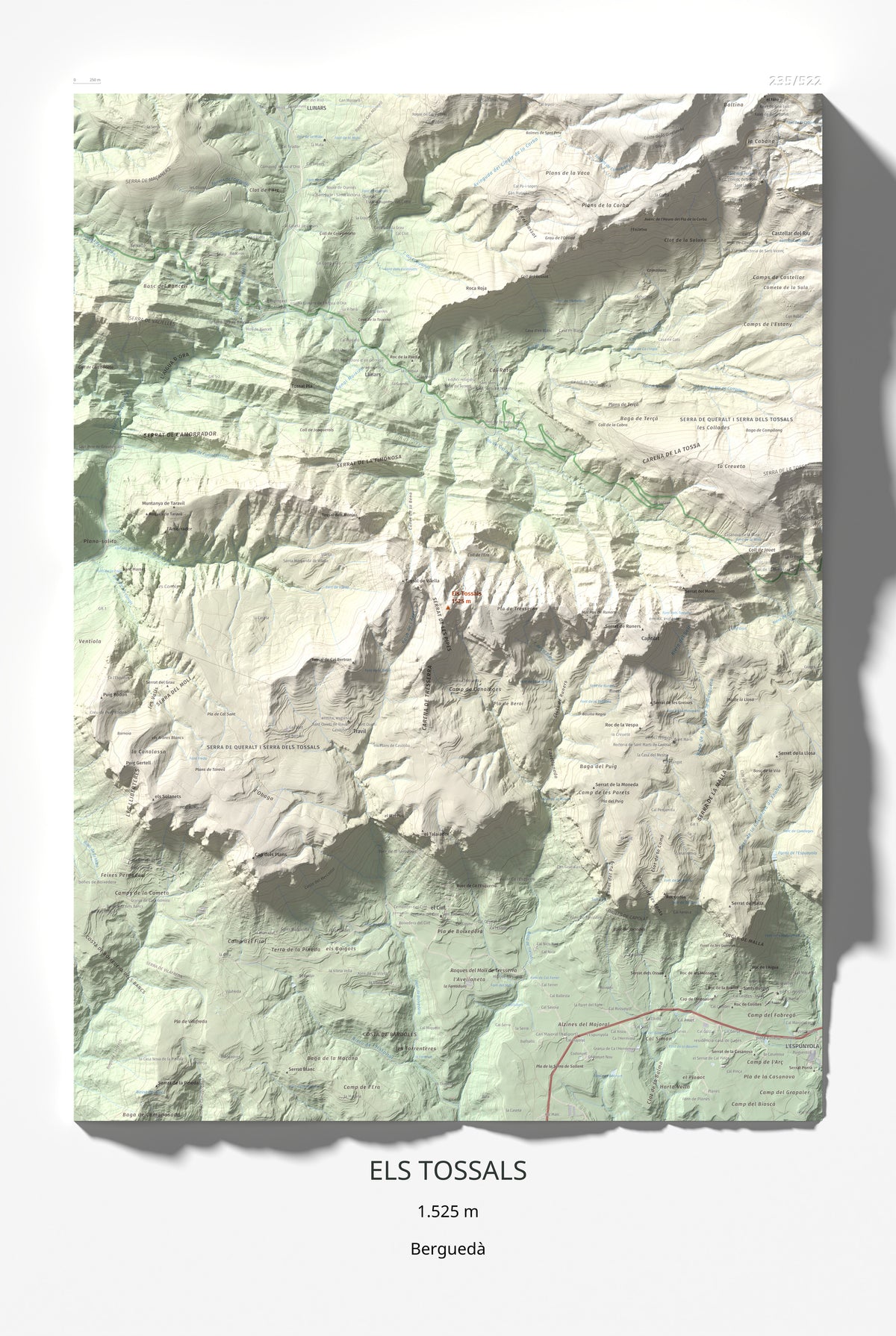 Mapa de relieve de Els Tossals, 1525 m, Berguedà, lámina 100 Cims de Trobart 61 × 91 cm.