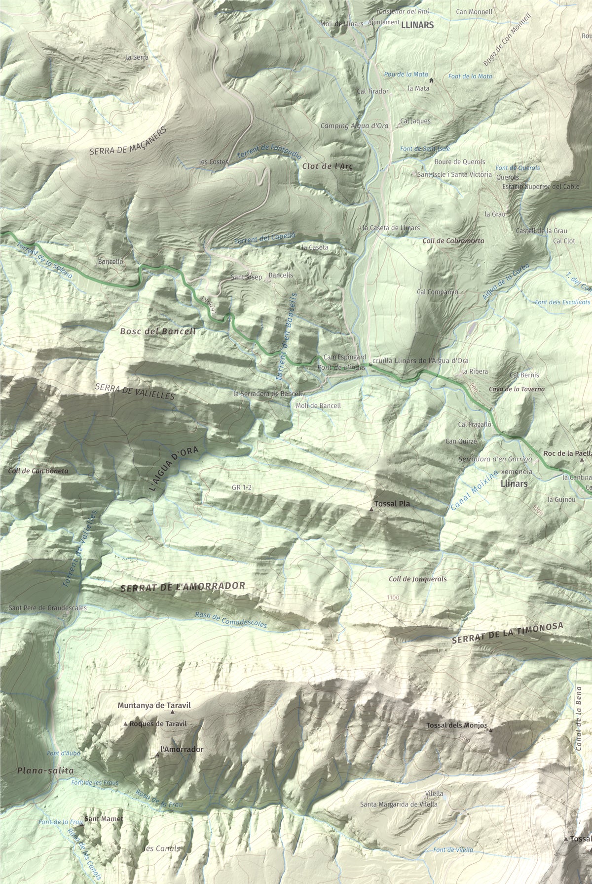 Mapa de relieve de Els Tossals, 1525 m, Berguedà, lámina 100 Cims de Trobart. Detalle de la zona superior izquierda. 61 × 91 cm.