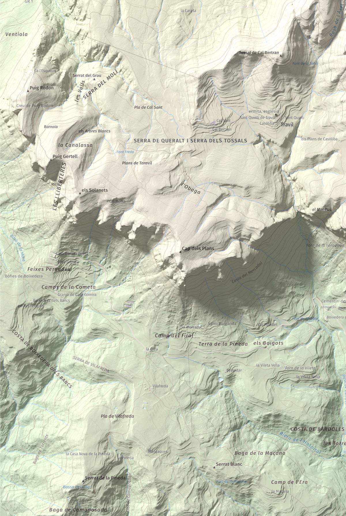 Mapa de relieve de Els Tossals, 1525 m, Berguedà, lámina 100 Cims de Trobart. Detalle de la zona inferior izquierda. 61 × 91 cm.