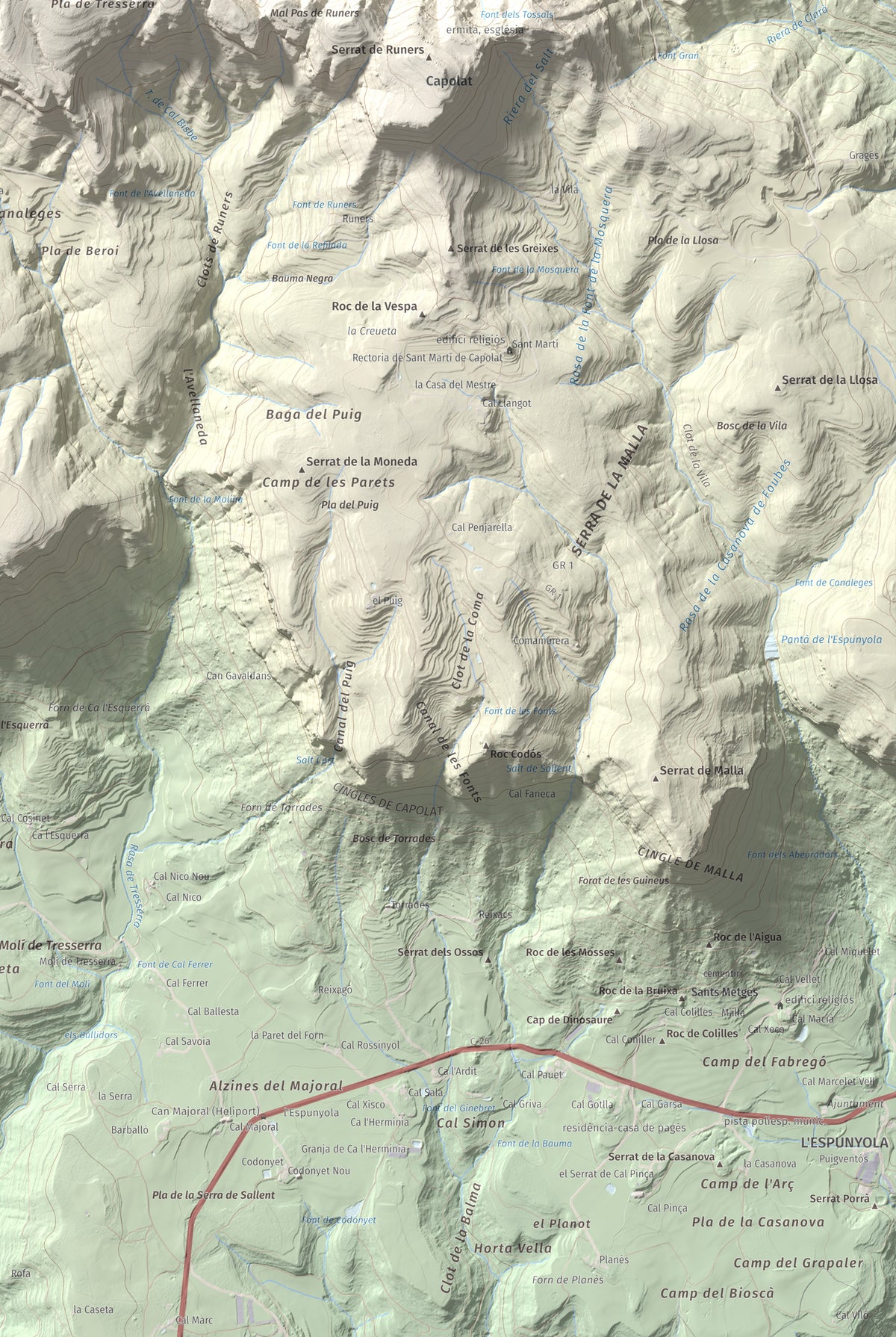 Mapa de relieve de Els Tossals, 1525 m, Berguedà, lámina 100 Cims de Trobart. Detalle de la zona inferior derecha. 61 × 91 cm.