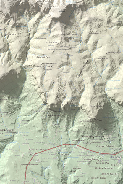 Mapa de relieve de Els Tossals, 1525 m, Berguedà, lámina 100 Cims de Trobart. Detalle de la zona inferior derecha. 61 × 91 cm.