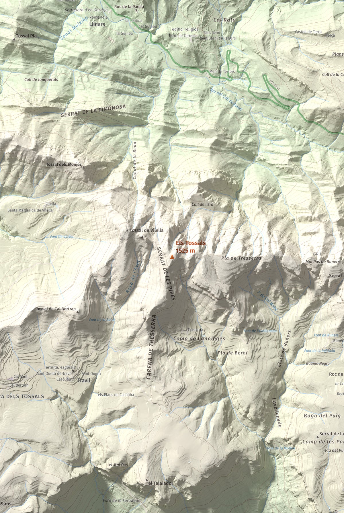 Mapa de relieve de Els Tossals, 1525 m, Berguedà, lámina 100 Cims de Trobart. Detalle de la zona central. 61 × 91 cm.