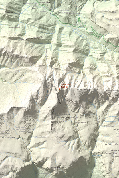 Mapa de relieve de Els Tossals, 1525 m, Berguedà, lámina 100 Cims de Trobart. Detalle de la zona central. 61 × 91 cm.