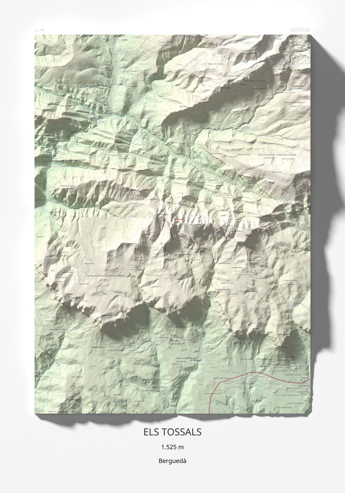 Mapa de relieve de Els Tossals, 1525 m, Berguedà, lámina 100 Cims de Trobart 70 × 100 cm.