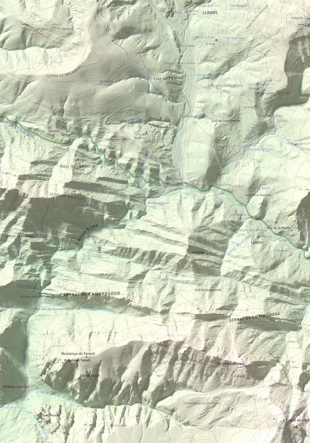 Mapa de relieve de Els Tossals, 1525 m, Berguedà, lámina 100 Cims de Trobart. Detalle de la zona superior izquierda. 70 × 100 cm.