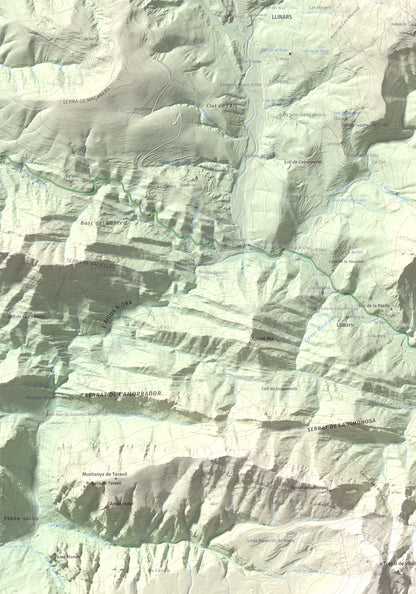 Mapa de relieve de Els Tossals, 1525 m, Berguedà, lámina 100 Cims de Trobart. Detalle de la zona superior izquierda. 70 × 100 cm.
