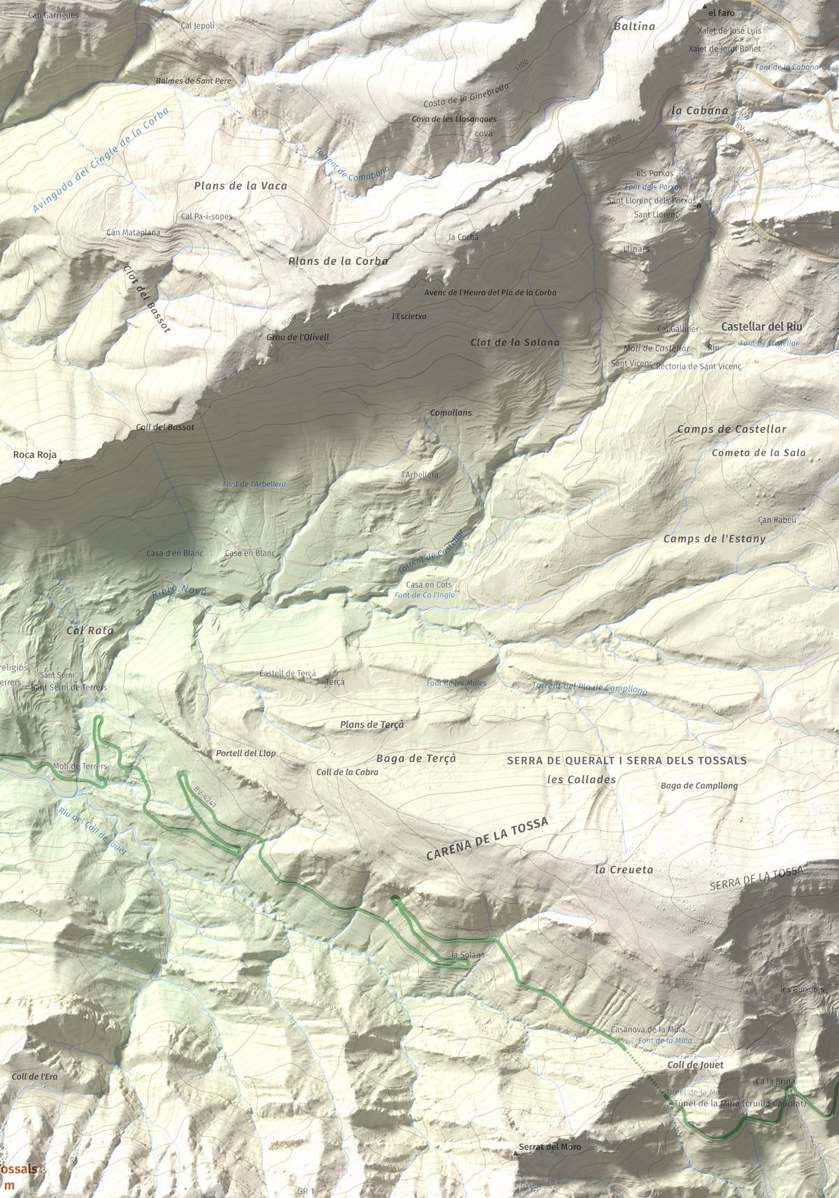 Mapa de relieve de Els Tossals, 1525 m, Berguedà, lámina 100 Cims de Trobart. Detalle de la zona superior derecha. 70 × 100 cm.