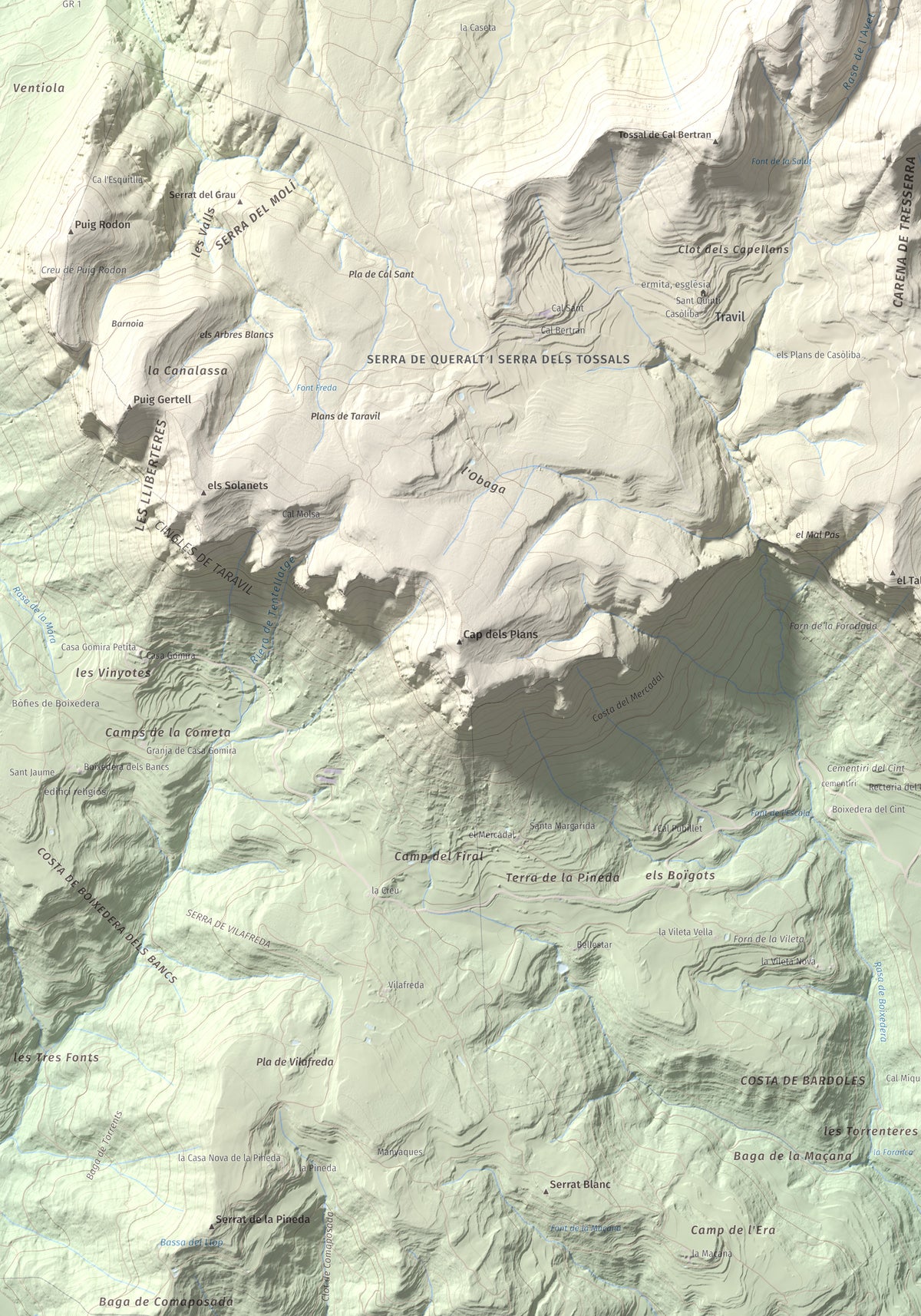 Mapa de relieve de Els Tossals, 1525 m, Berguedà, lámina 100 Cims de Trobart. Detalle de la zona inferior izquierda. 70 × 100 cm.
