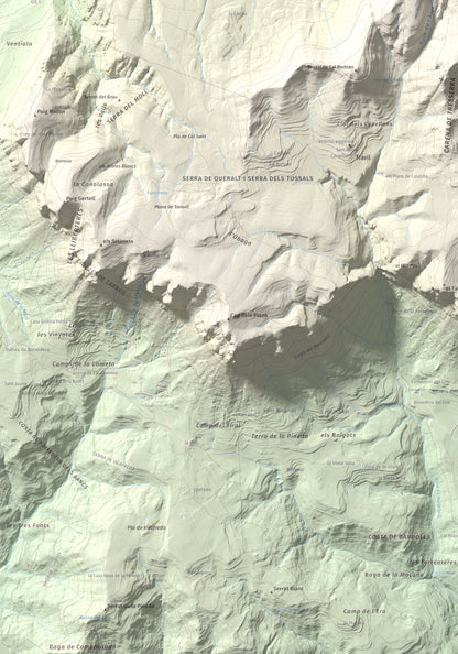 Mapa de relieve de Els Tossals, 1525 m, Berguedà, lámina 100 Cims de Trobart. Detalle de la zona inferior izquierda. 70 × 100 cm.