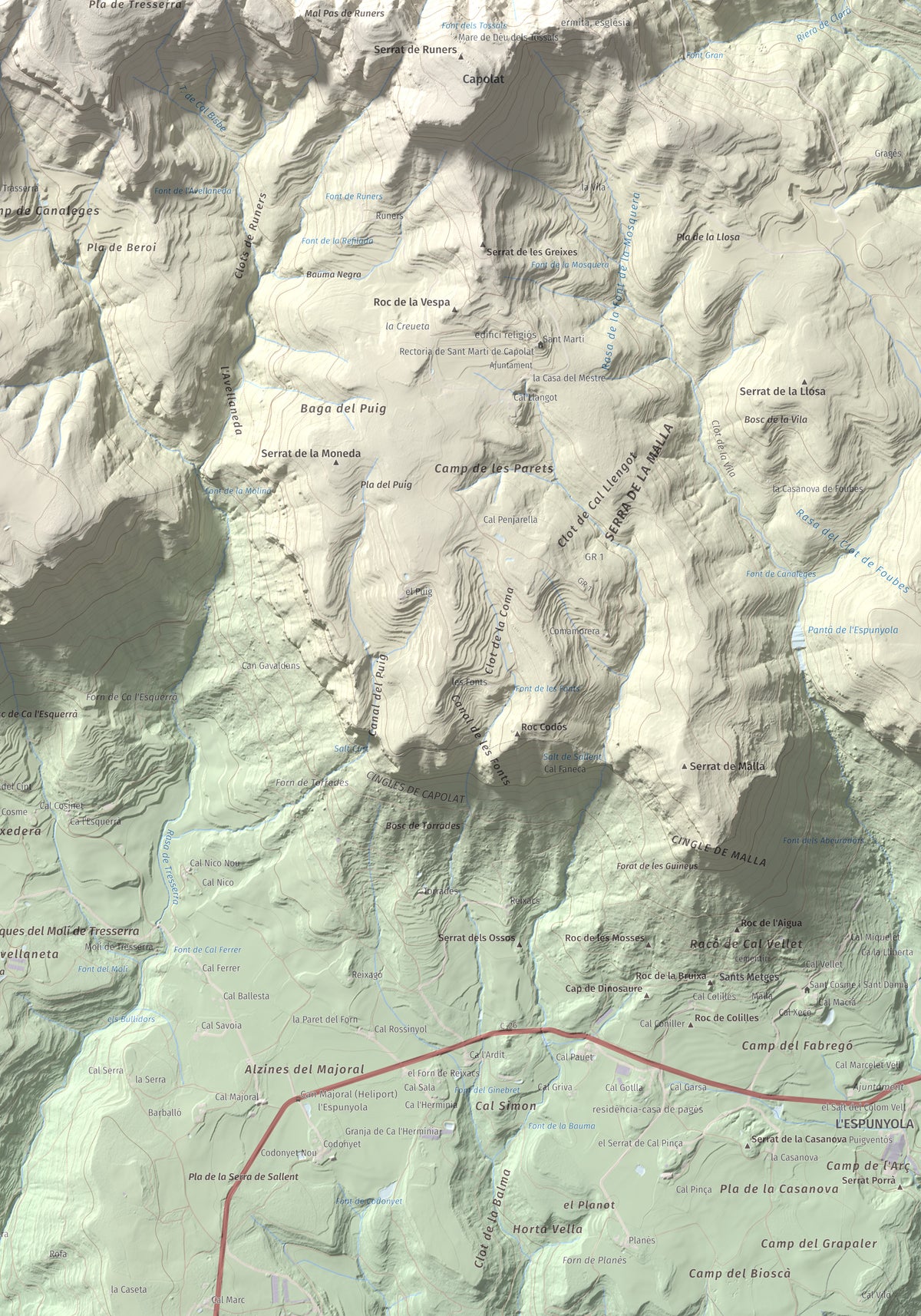 Mapa de relieve de Els Tossals, 1525 m, Berguedà, lámina 100 Cims de Trobart. Detalle de la zona inferior derecha. 70 × 100 cm.