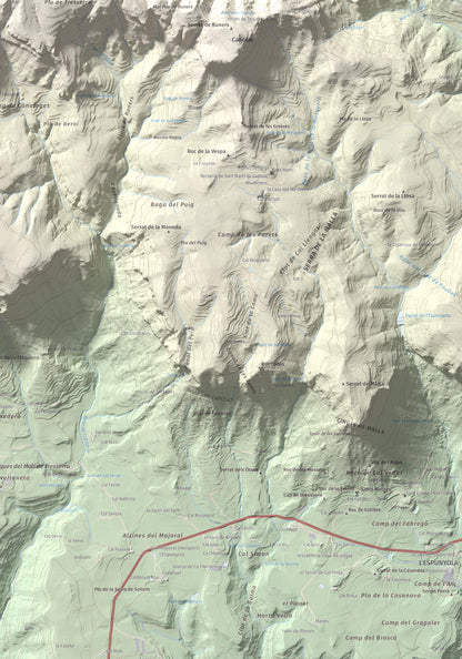 Mapa de relieve de Els Tossals, 1525 m, Berguedà, lámina 100 Cims de Trobart. Detalle de la zona inferior derecha. 70 × 100 cm.
