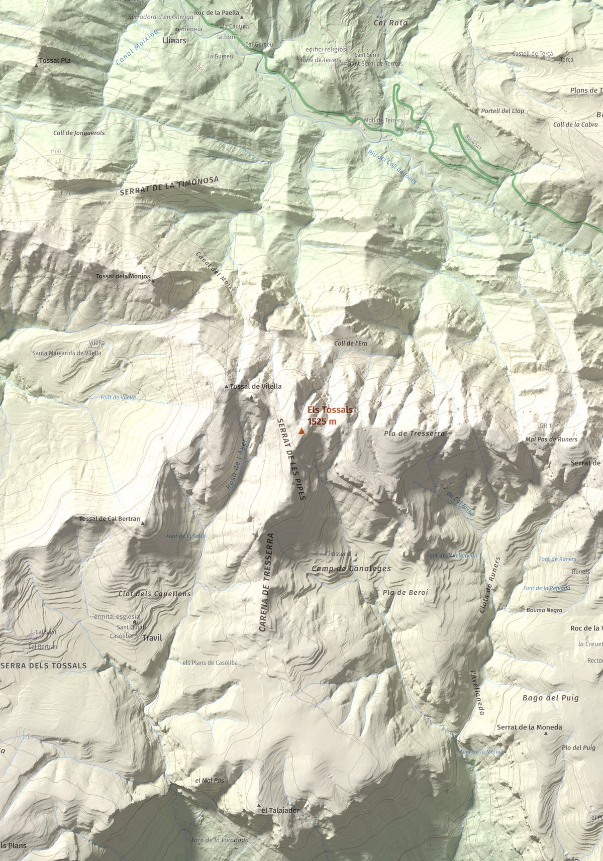Mapa de relieve de Els Tossals, 1525 m, Berguedà, lámina 100 Cims de Trobart. Detalle de la zona central. 70 × 100 cm.