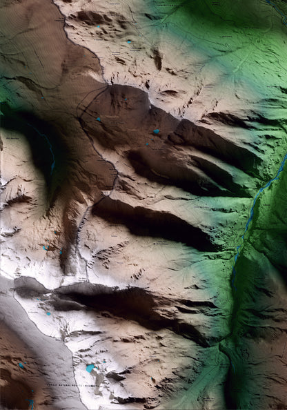 Mapa artístico del relieve de Es Bòrdes, al Aran, con 15 km de entorno y base topográfica ICGC. Detalle de la zona inferior izquierda.