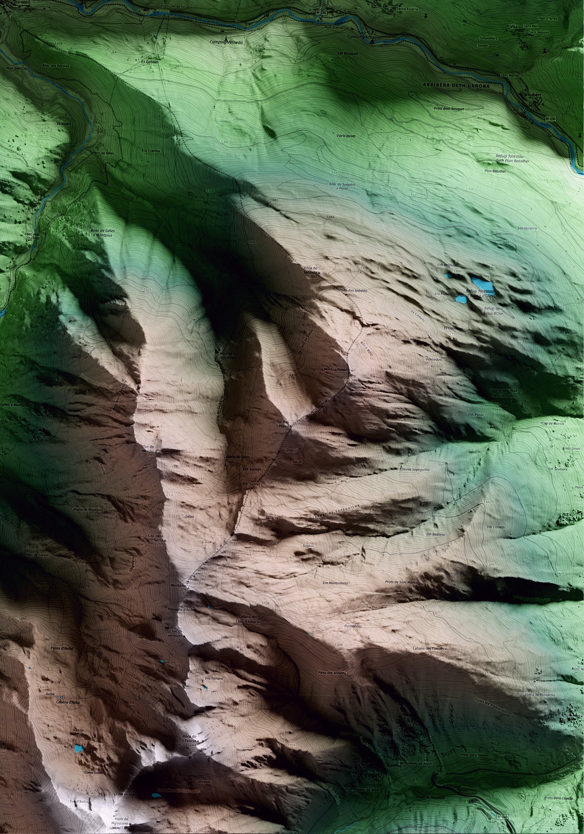 Mapa artístico del relieve de Es Bòrdes, al Aran, con 15 km de entorno y base topográfica ICGC. Detalle de la zona inferior derecha.