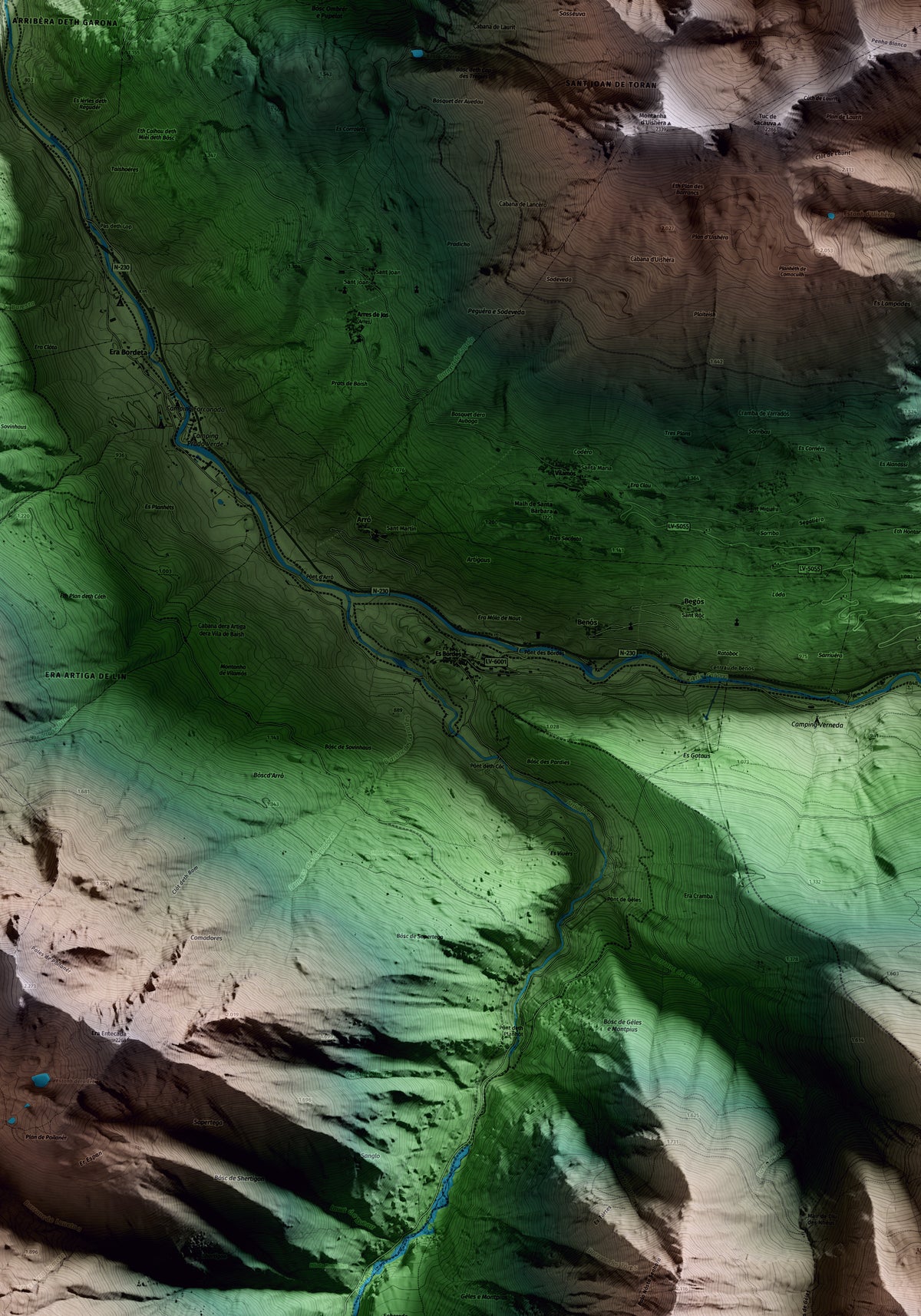 Mapa artístico del relieve de Es Bòrdes, al Aran, con 15 km de entorno y base topográfica ICGC. Detalle de la zona central.