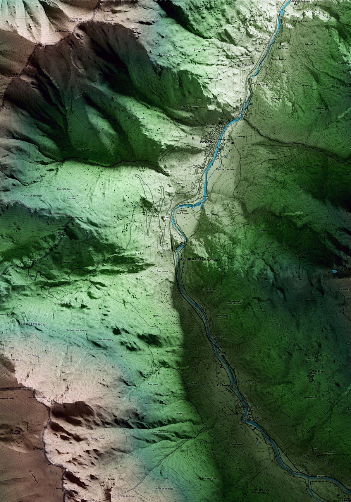 Mapa artístico del relieve de Es Bòrdes, al Aran, con 15 km de entorno y base topográfica ICGC. Detalle de la zona superior izquierda.