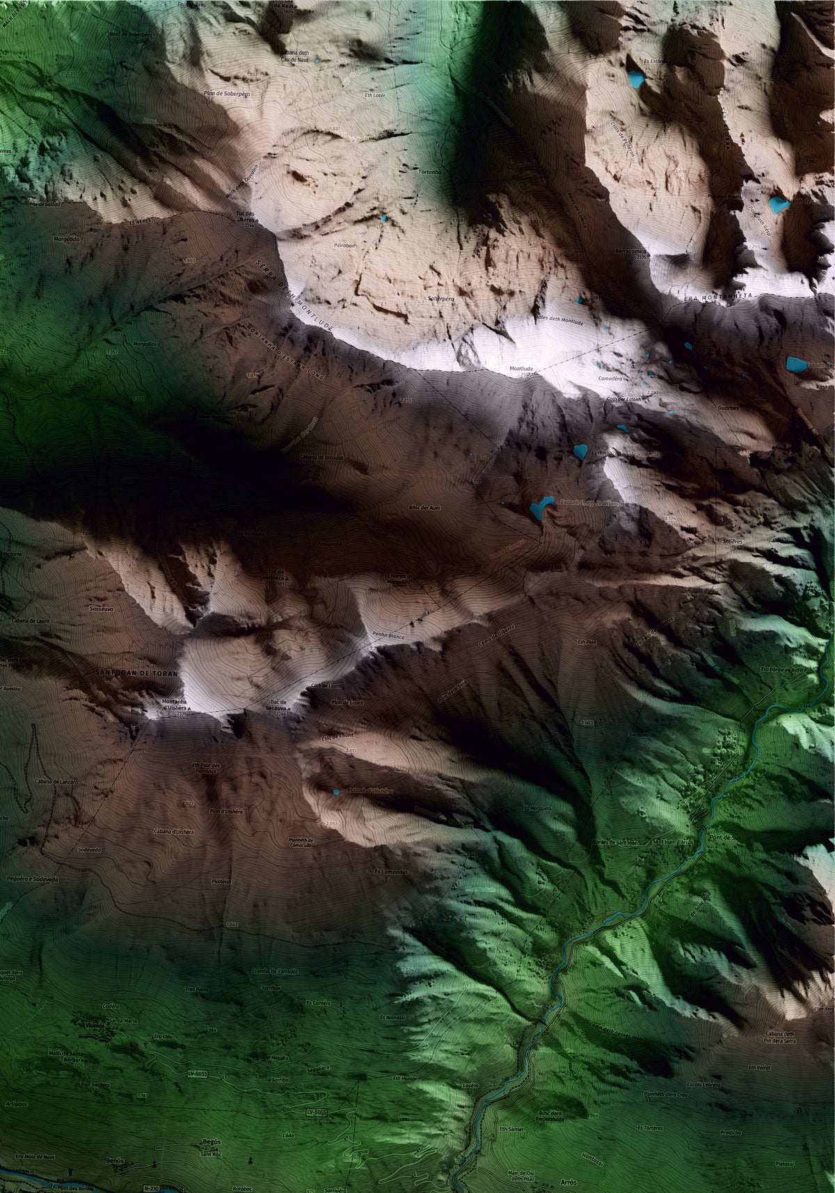 Mapa artístico del relieve de Es Bòrdes, al Aran, con 15 km de entorno y base topográfica ICGC. Detalle de la zona superior derecha.