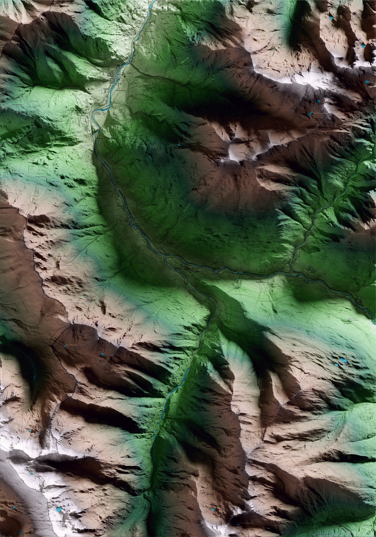 Mapa artístico del relieve de Es Bòrdes, al Aran, con 15 km de entorno y base topográfica ICGC