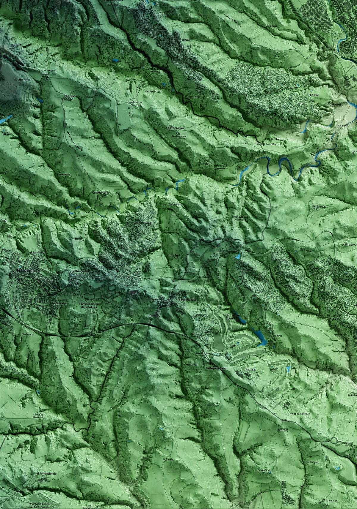 Mapa artístico del relieve de Esparreguera, al Baix Llobregat, con 15 km de entorno y base topográfica ICGC. Detalle de la zona inferior izquierda.