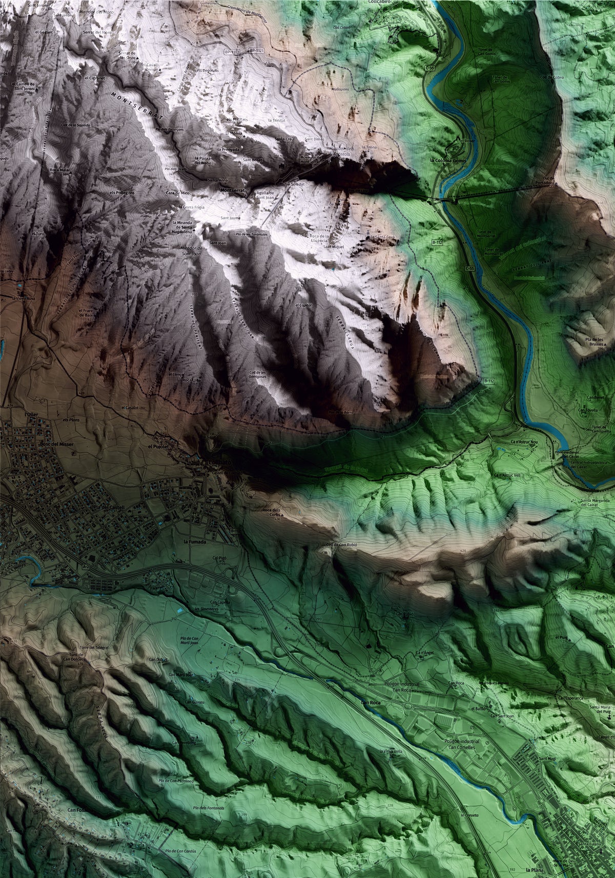 Mapa artístico del relieve de Esparreguera, al Baix Llobregat, con 15 km de entorno y base topográfica ICGC. Detalle de la zona superior izquierda.
