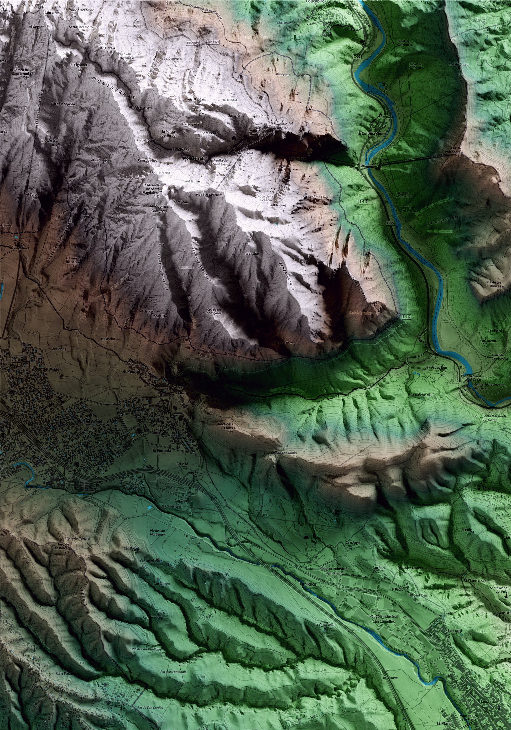 Mapa artístico del relieve de Esparreguera, al Baix Llobregat, con 15 km de entorno y base topográfica ICGC. Detalle de la zona superior izquierda.