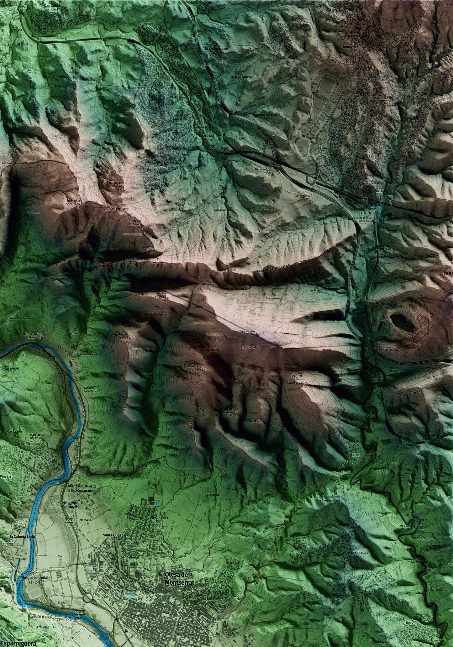 Mapa artístico del relieve de Esparreguera, al Baix Llobregat, con 15 km de entorno y base topográfica ICGC. Detalle de la zona superior derecha.