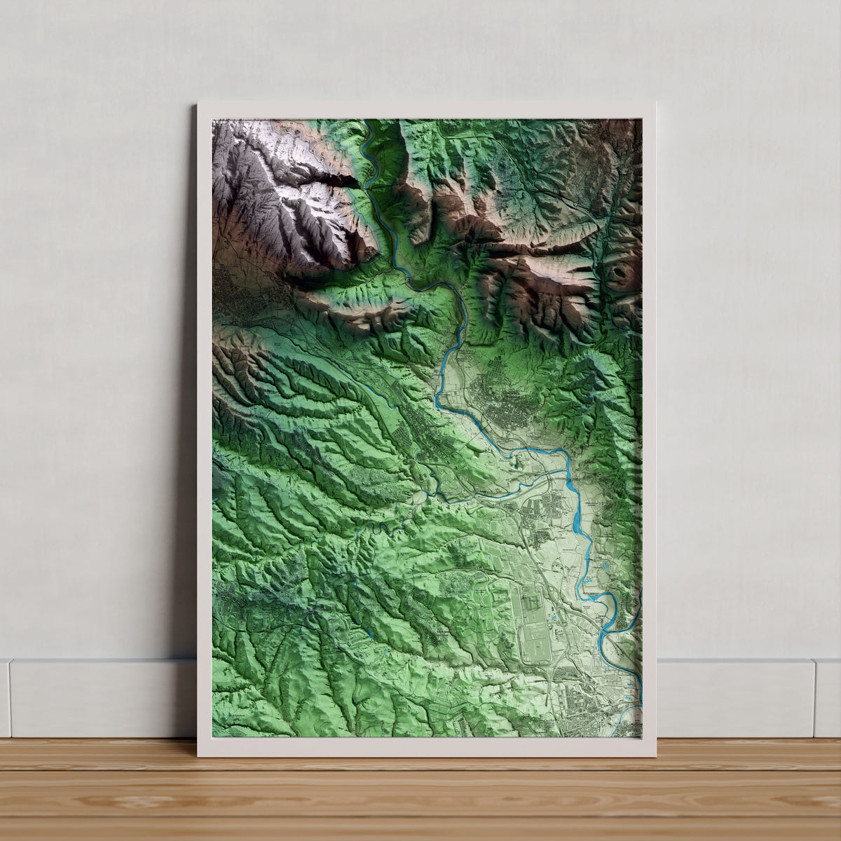 Mapa artístico del relieve de Esparreguera, al Baix Llobregat, con 15 km de entorno y base topográfica ICGC. Presentación enmarcada.