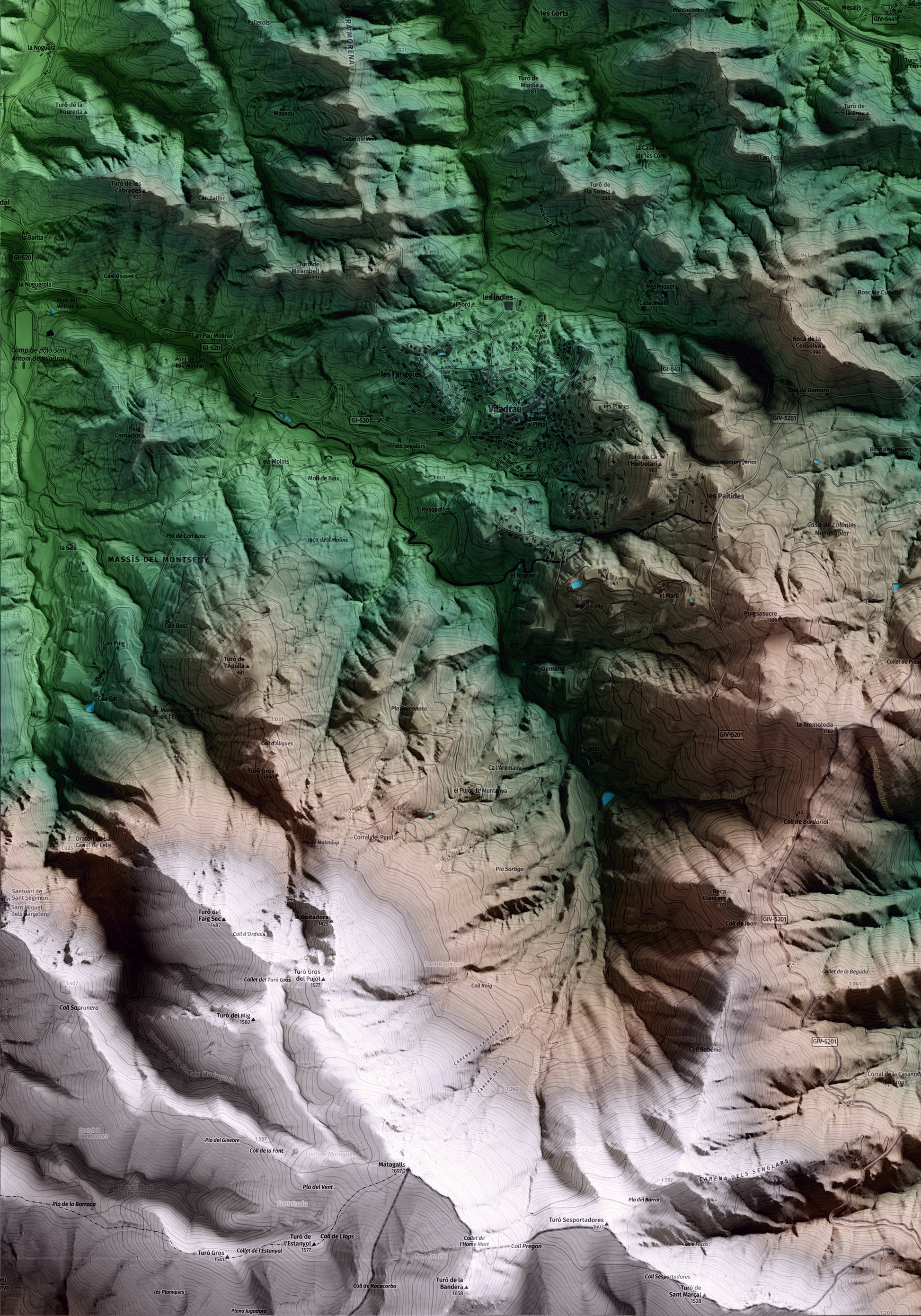 Mapa artístico del relieve de Espinelves, a Osona, con 15 km de entorno y base topográfica ICGC. Detalle de la zona inferior izquierda.