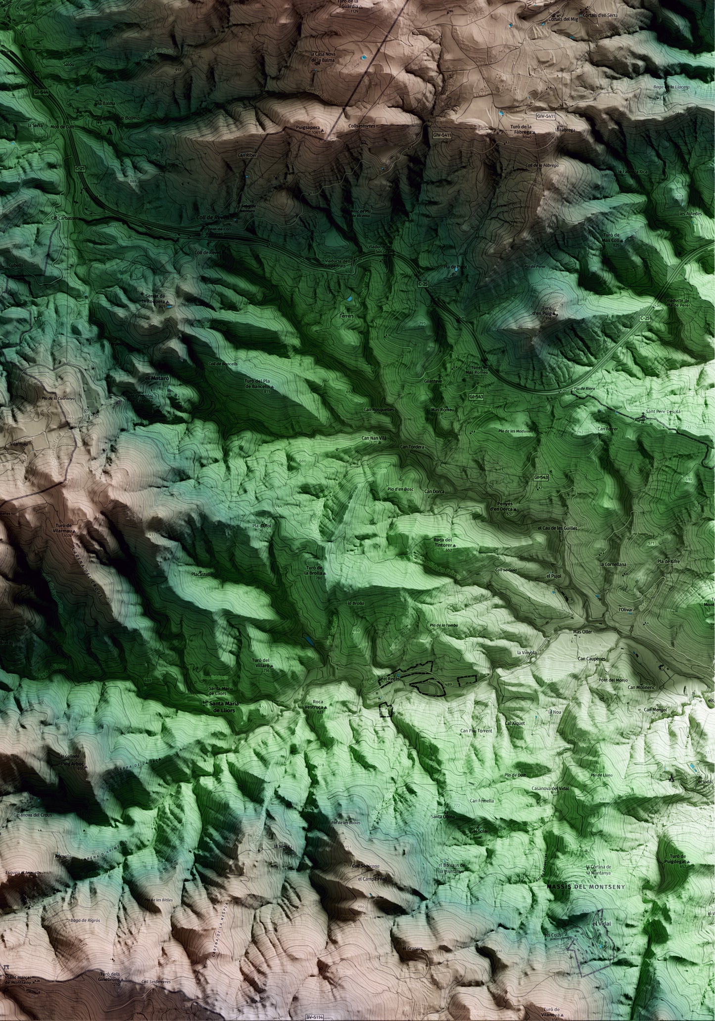 Mapa artístico del relieve de Espinelves, a Osona, con 15 km de entorno y base topográfica ICGC. Detalle de la zona inferior derecha.
