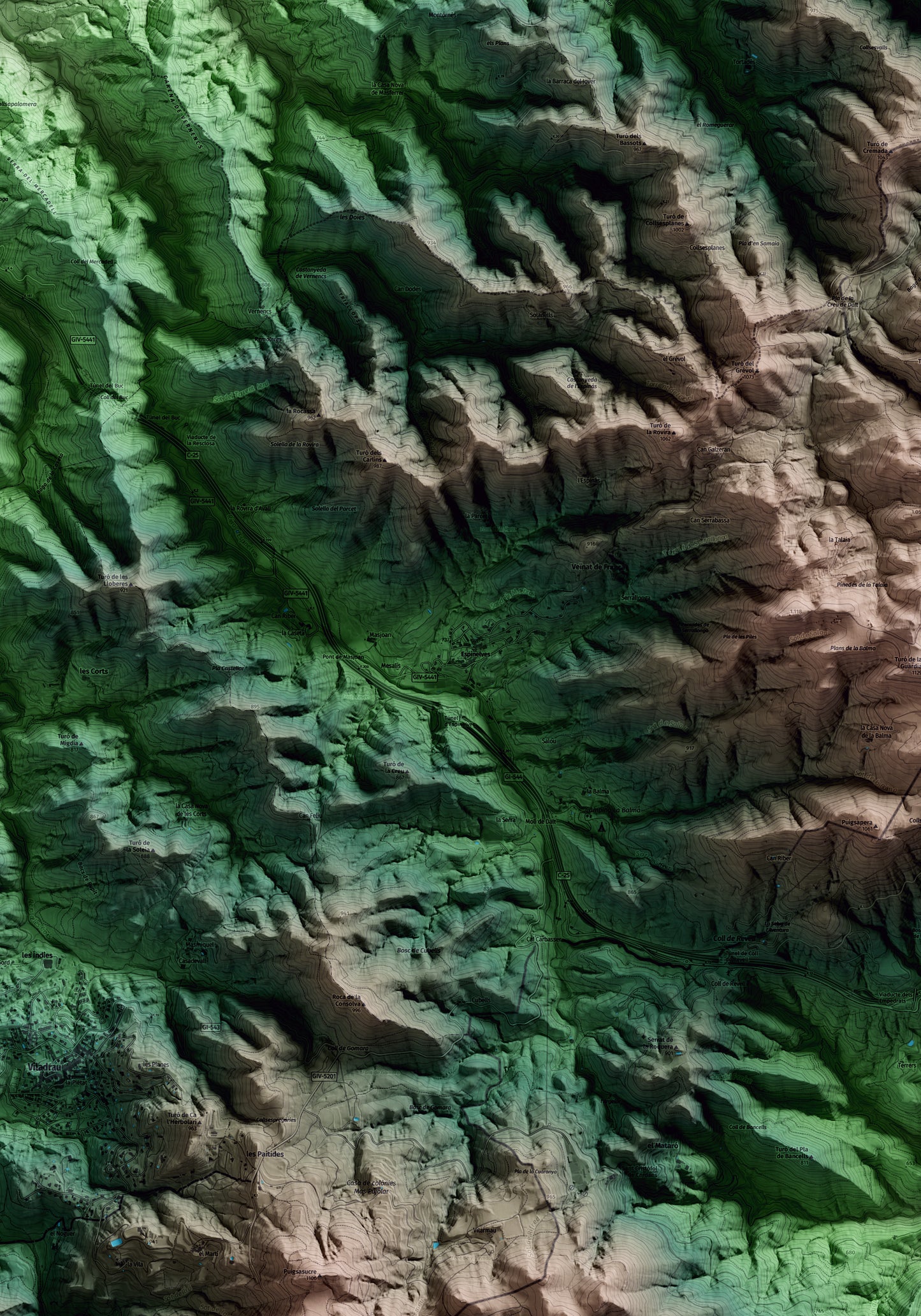 Mapa artístico del relieve de Espinelves, a Osona, con 15 km de entorno y base topográfica ICGC. Detalle de la zona central.