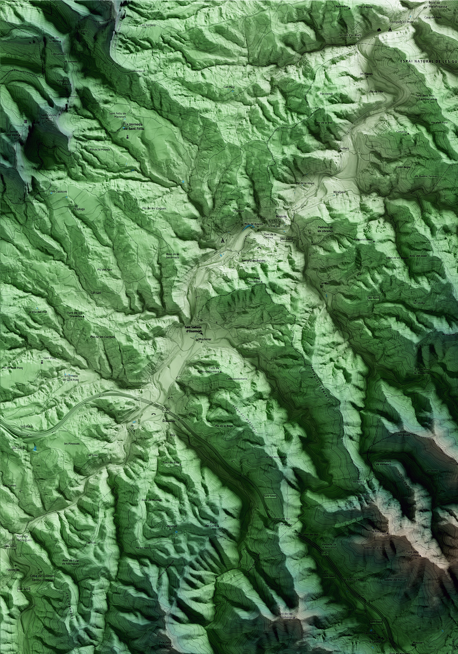 Mapa artístico del relieve de Espinelves, a Osona, con 15 km de entorno y base topográfica ICGC. Detalle de la zona superior izquierda.