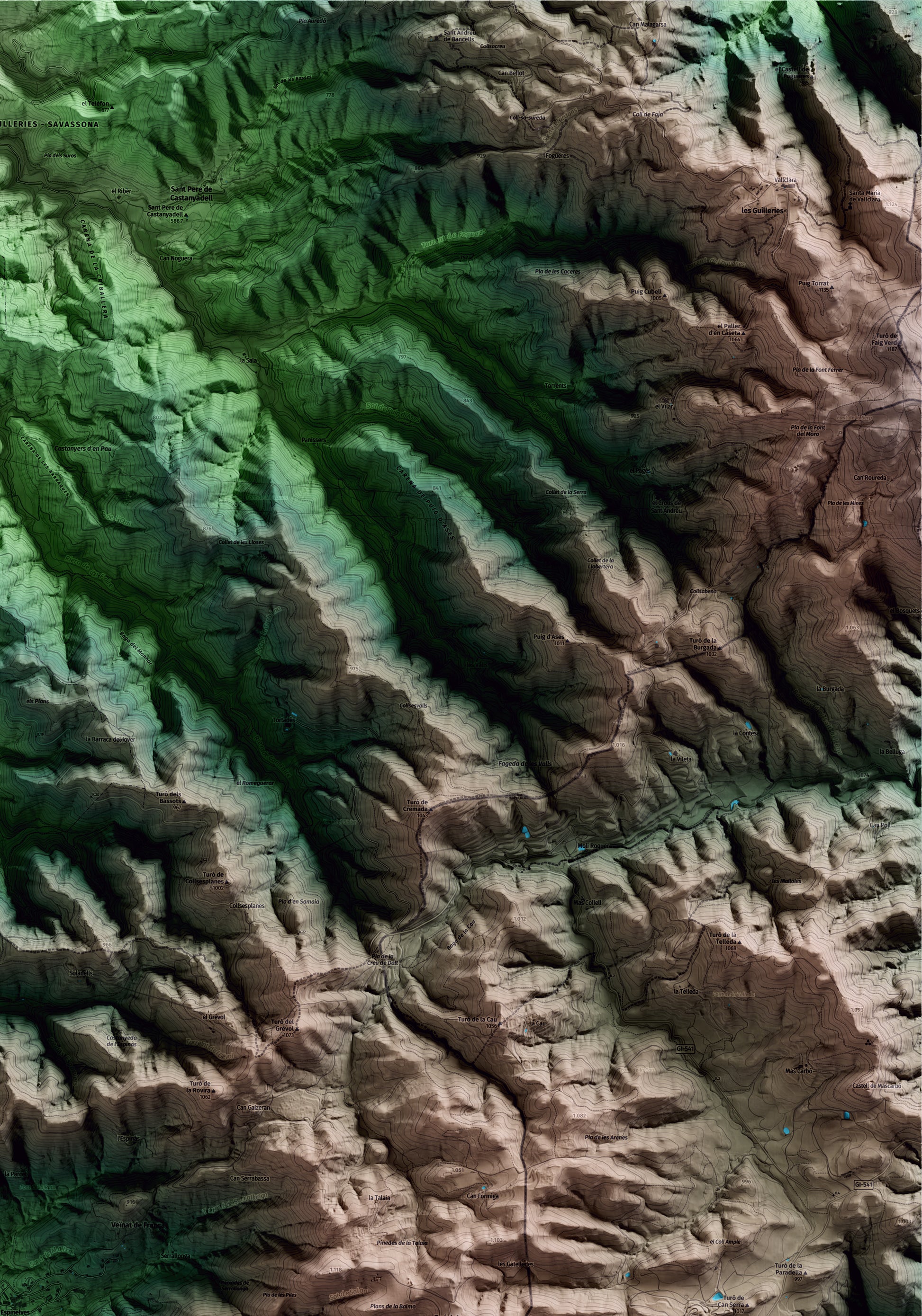 Mapa artístico del relieve de Espinelves, a Osona, con 15 km de entorno y base topográfica ICGC. Detalle de la zona superior derecha.