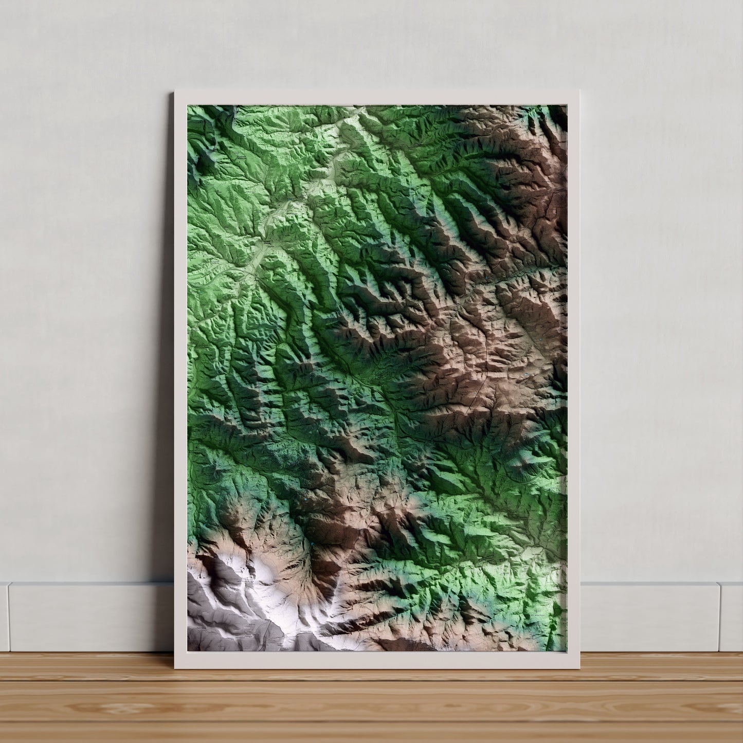 Mapa artístico del relieve de Espinelves, a Osona, con 15 km de entorno y base topográfica ICGC. Presentación enmarcada.