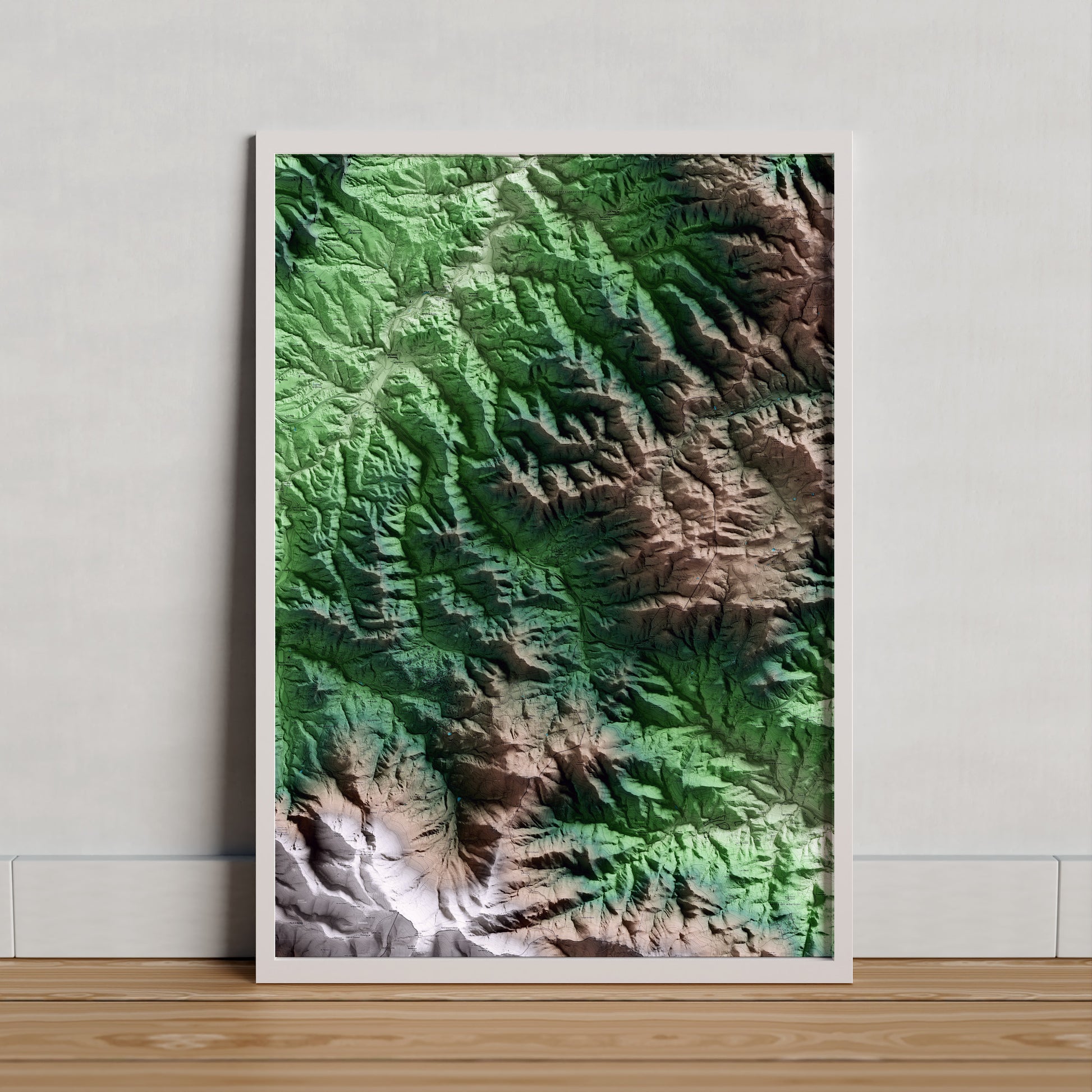 Mapa artístico del relieve de Espinelves, a Osona, con 15 km de entorno y base topográfica ICGC. Presentación enmarcada.