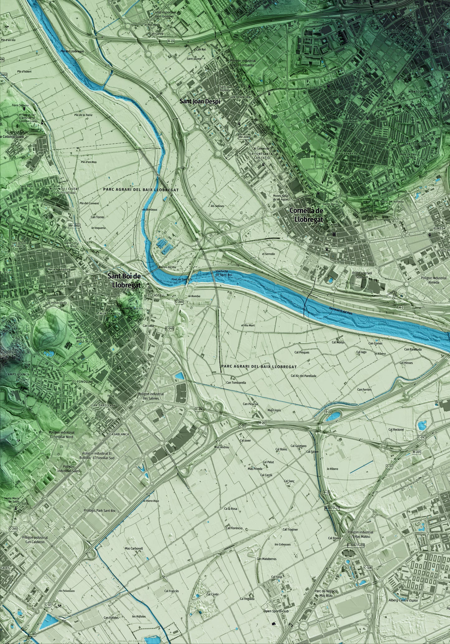 Mapa artístico del relieve de Esplugues de Llobregat, al Baix Llobregat, con 15 km de entorno y base topográfica ICGC. Detalle de la zona inferior izquierda.