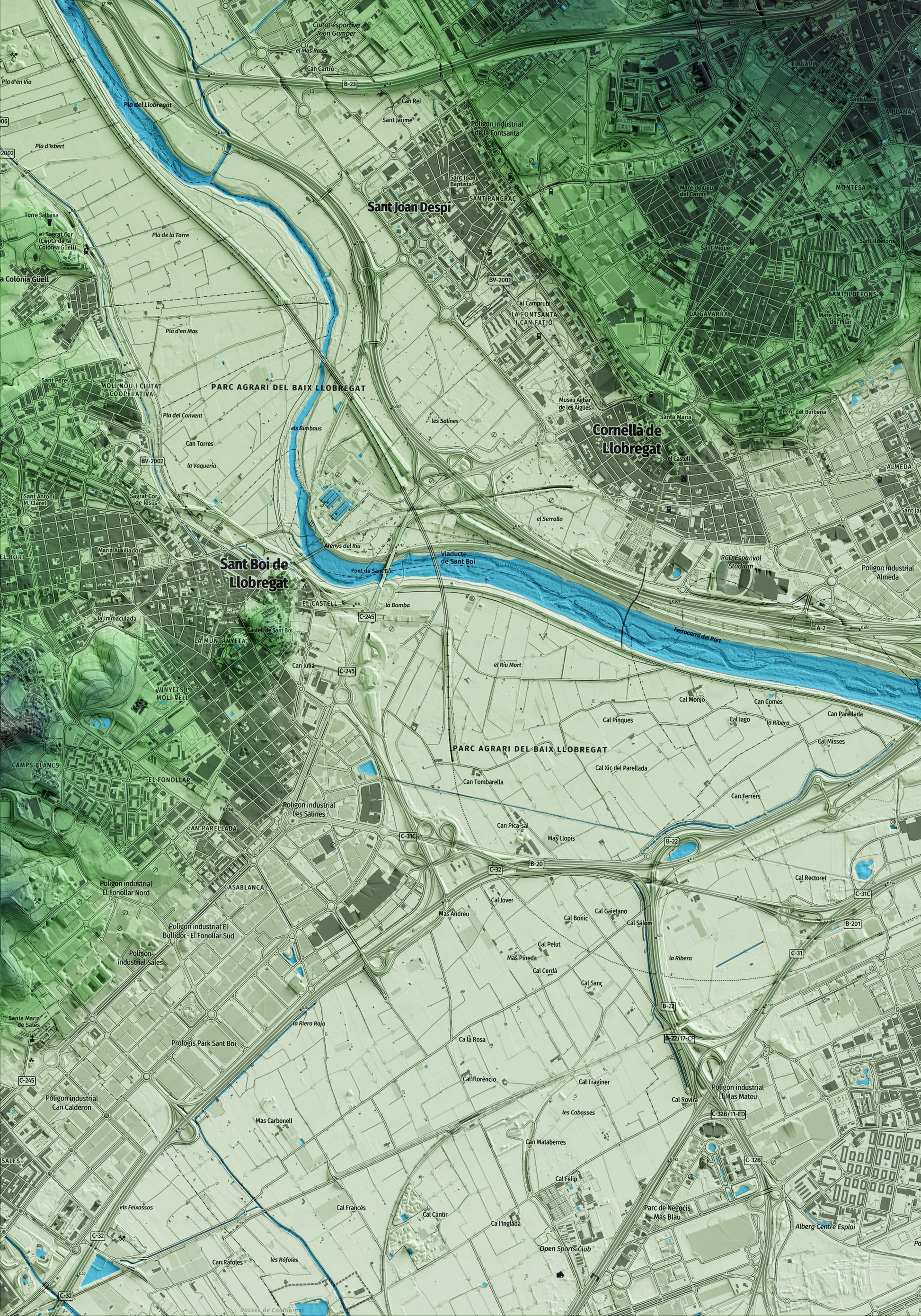 Mapa artístico del relieve de Esplugues de Llobregat, al Baix Llobregat, con 15 km de entorno y base topográfica ICGC. Detalle de la zona inferior izquierda.