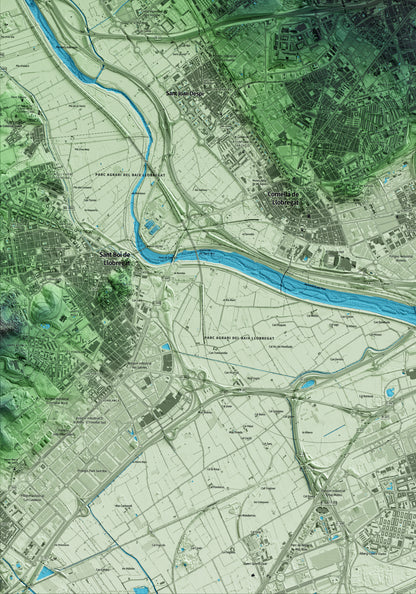 Mapa artístico del relieve de Esplugues de Llobregat, al Baix Llobregat, con 15 km de entorno y base topográfica ICGC. Detalle de la zona inferior izquierda.