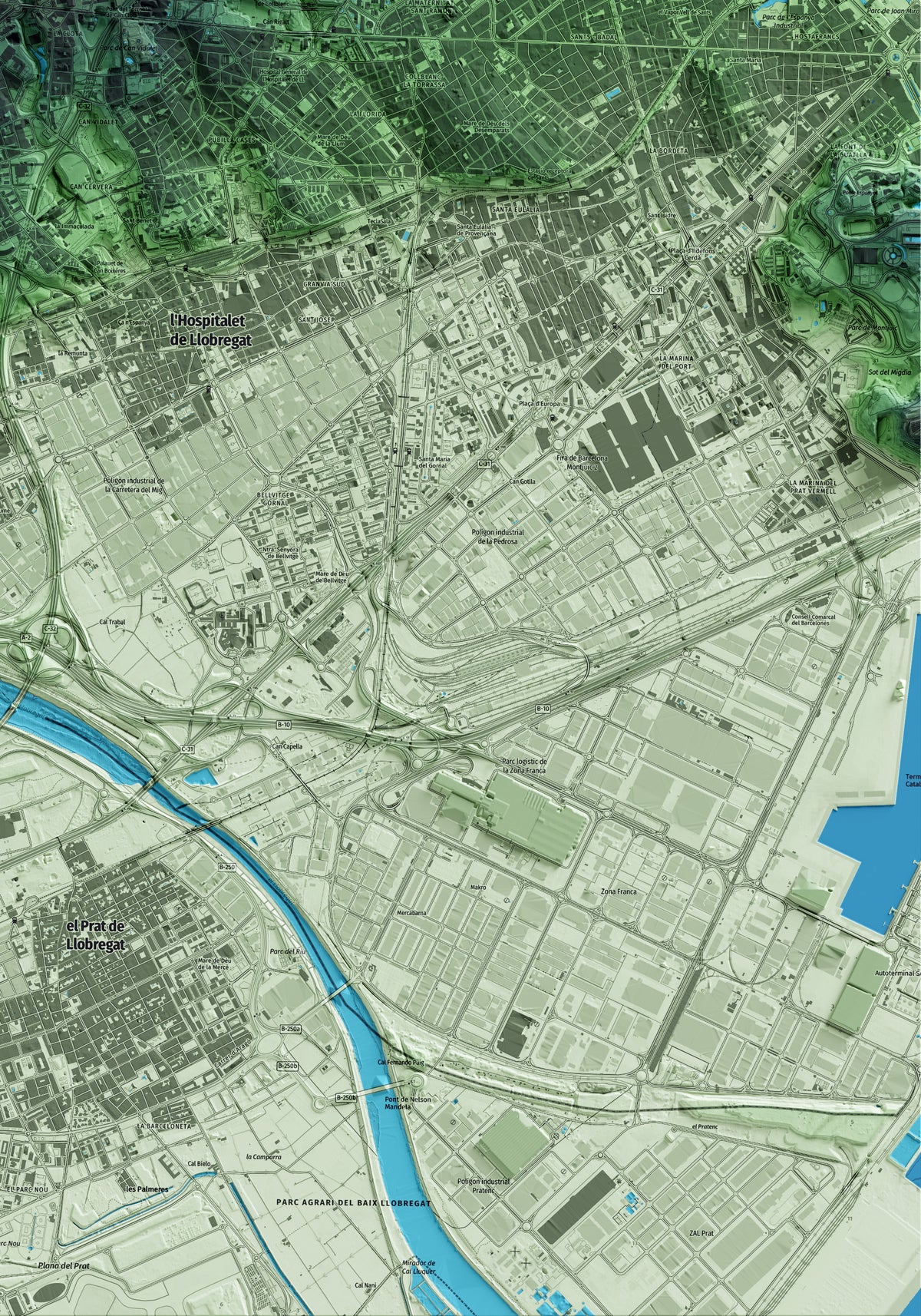 Mapa artístico del relieve de Esplugues de Llobregat, al Baix Llobregat, con 15 km de entorno y base topográfica ICGC. Detalle de la zona inferior derecha.