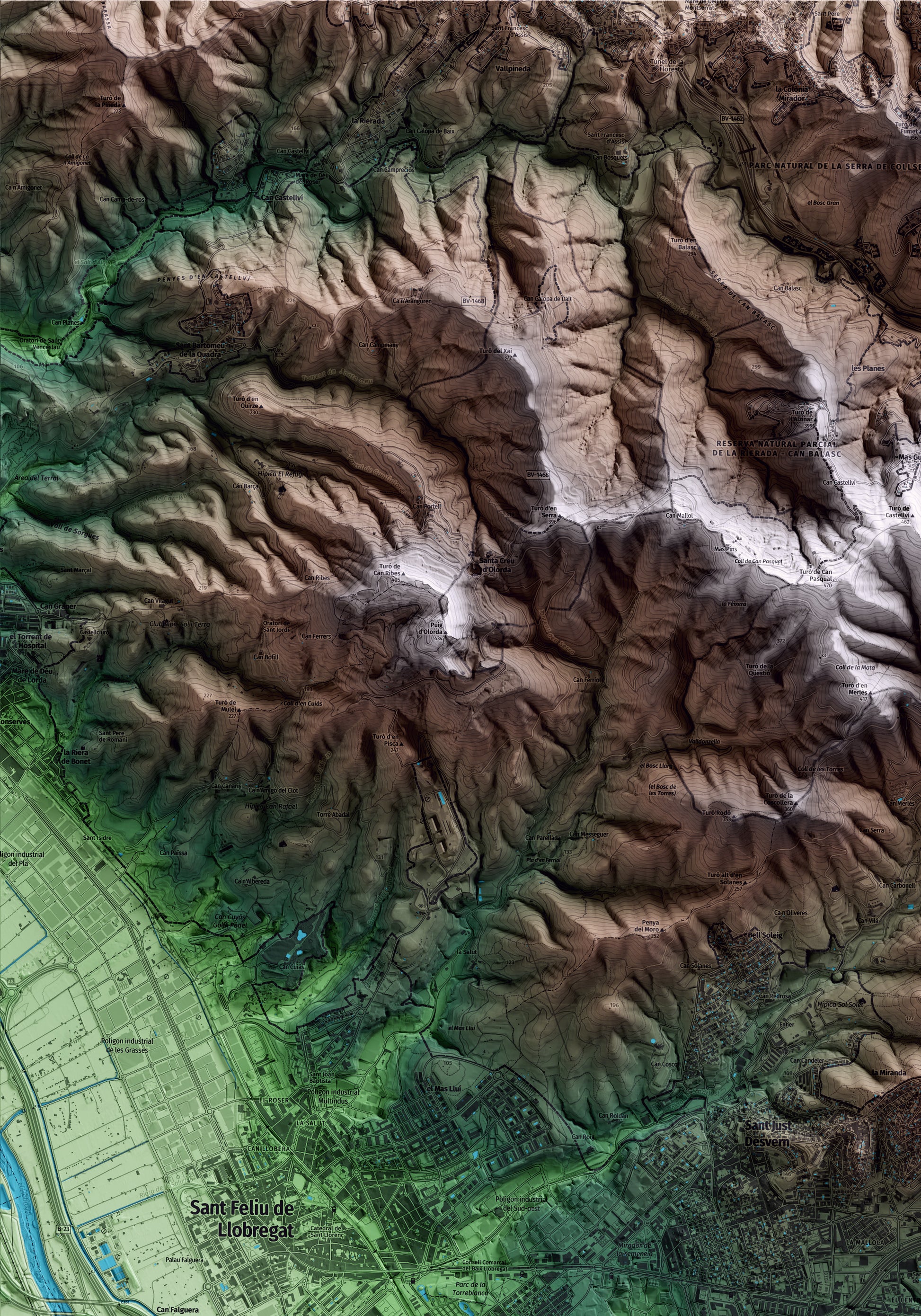 Mapa artístico del relieve de Esplugues de Llobregat, al Baix Llobregat, con 15 km de entorno y base topográfica ICGC. Detalle de la zona superior izquierda.