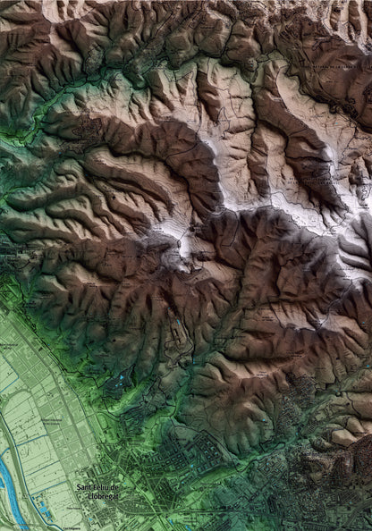 Mapa artístico del relieve de Esplugues de Llobregat, al Baix Llobregat, con 15 km de entorno y base topográfica ICGC. Detalle de la zona superior izquierda.
