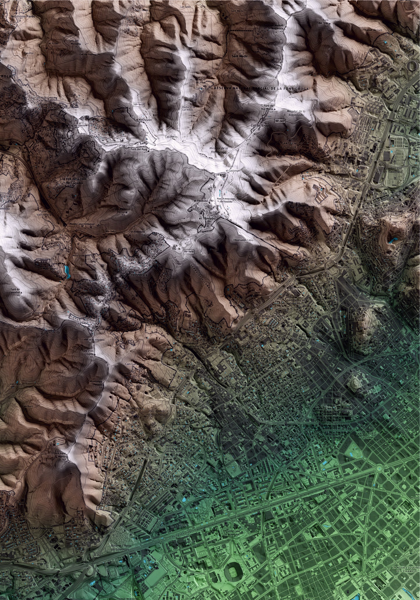 Mapa artístico del relieve de Esplugues de Llobregat, al Baix Llobregat, con 15 km de entorno y base topográfica ICGC. Detalle de la zona superior derecha.