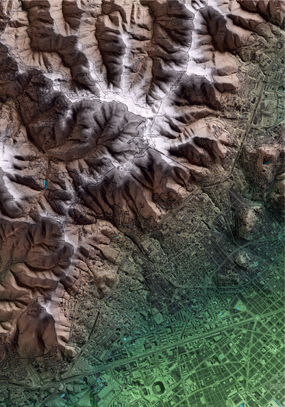 Mapa artístico del relieve de Esplugues de Llobregat, al Baix Llobregat, con 15 km de entorno y base topográfica ICGC. Detalle de la zona superior derecha.