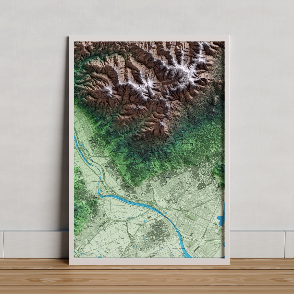 Mapa artístico del relieve de Esplugues de Llobregat, al Baix Llobregat, con 15 km de entorno y base topográfica ICGC. Presentación enmarcada.