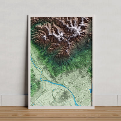 Mapa artístico del relieve de Esplugues de Llobregat, al Baix Llobregat, con 15 km de entorno y base topográfica ICGC. Presentación enmarcada.