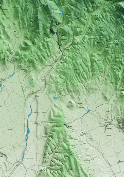 Mapa artístico del relieve de Espolla, al Alt Empordà, con 15 km de entorno y base topográfica ICGC. Detalle de la zona inferior derecha.