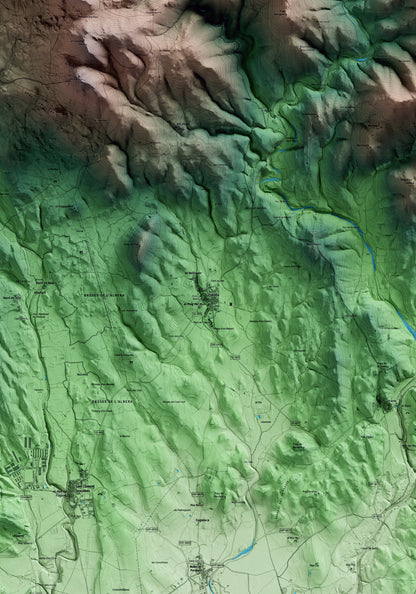 Mapa artístico del relieve de Espolla, al Alt Empordà, con 15 km de entorno y base topográfica ICGC. Detalle de la zona central.