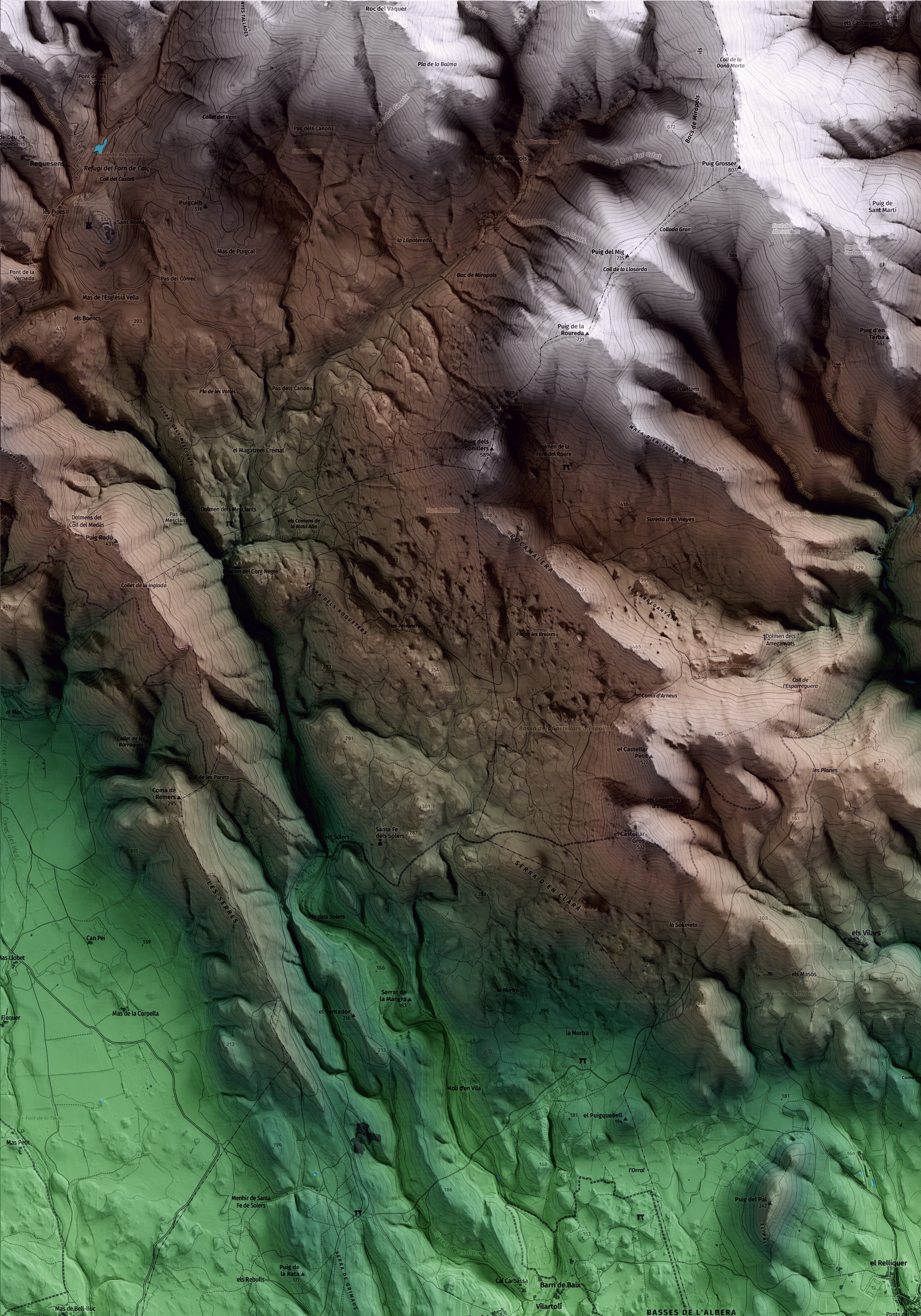 Mapa artístico del relieve de Espolla, al Alt Empordà, con 15 km de entorno y base topográfica ICGC. Detalle de la zona superior izquierda.