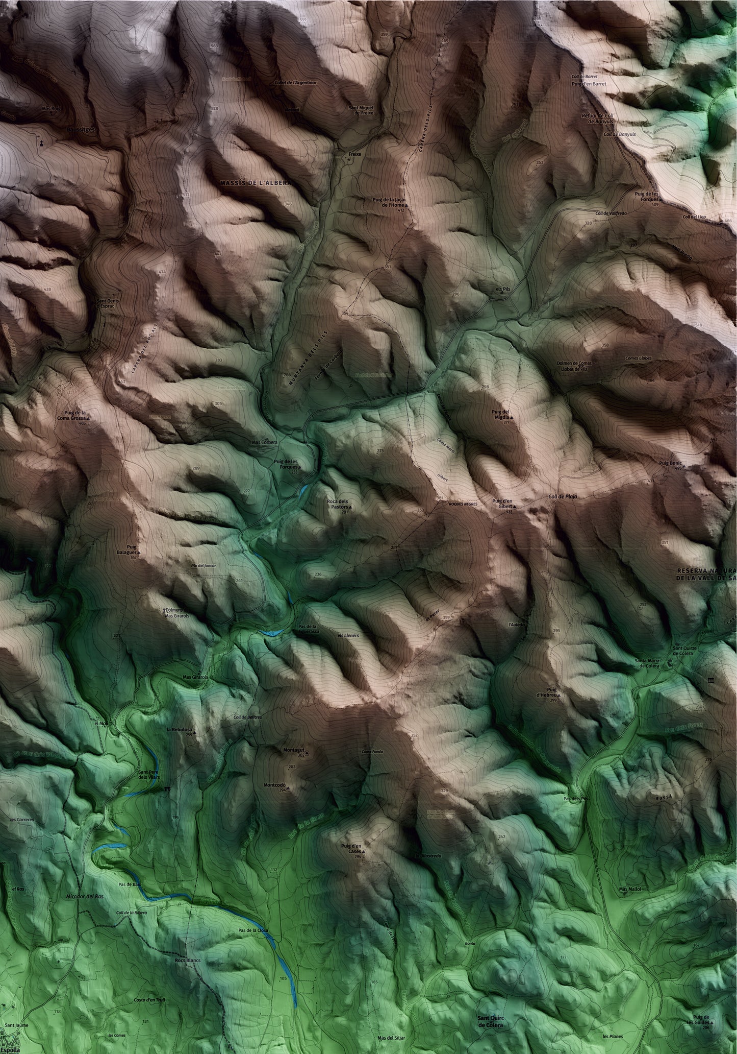 Mapa artístico del relieve de Espolla, al Alt Empordà, con 15 km de entorno y base topográfica ICGC. Detalle de la zona superior derecha.